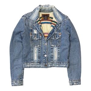 True Religion Distressed Wool Lined Denim Jean Jacket Women’s Size M